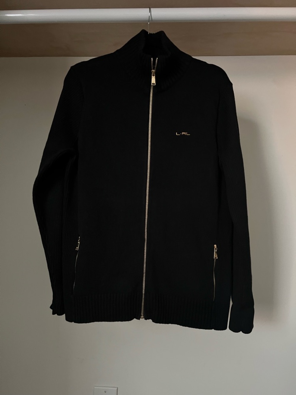 Ralph Lauren women Black Zip-Up Knit Sweater with Gold Hardware